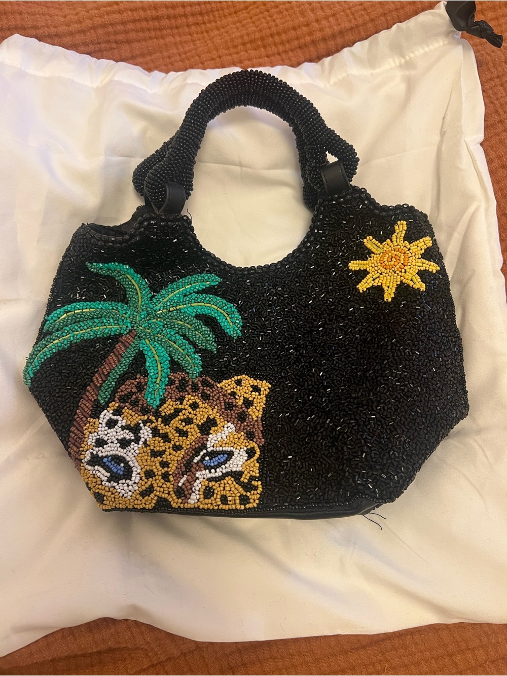 Staud EUC Black Beaded Tote with Leopard & Palm